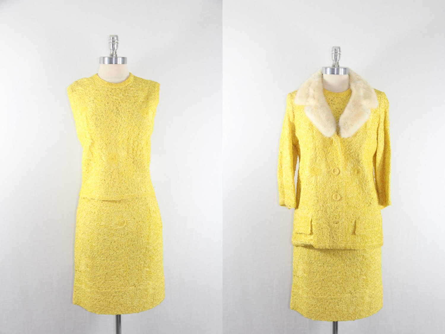 1960s Vintage Womens Suit -  Bright Lemon Yellow Ribbon Skirt Top and Jacket with Mink Collar