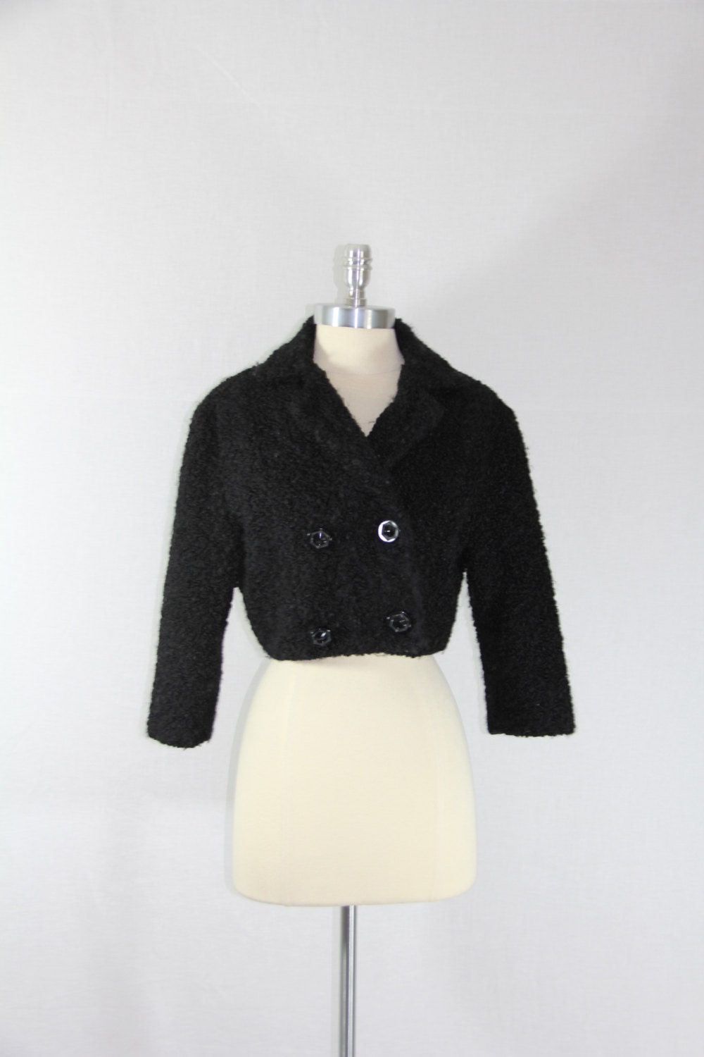 1950s Vintage Short Jacket - Black Curly Lambs Wool Jacket