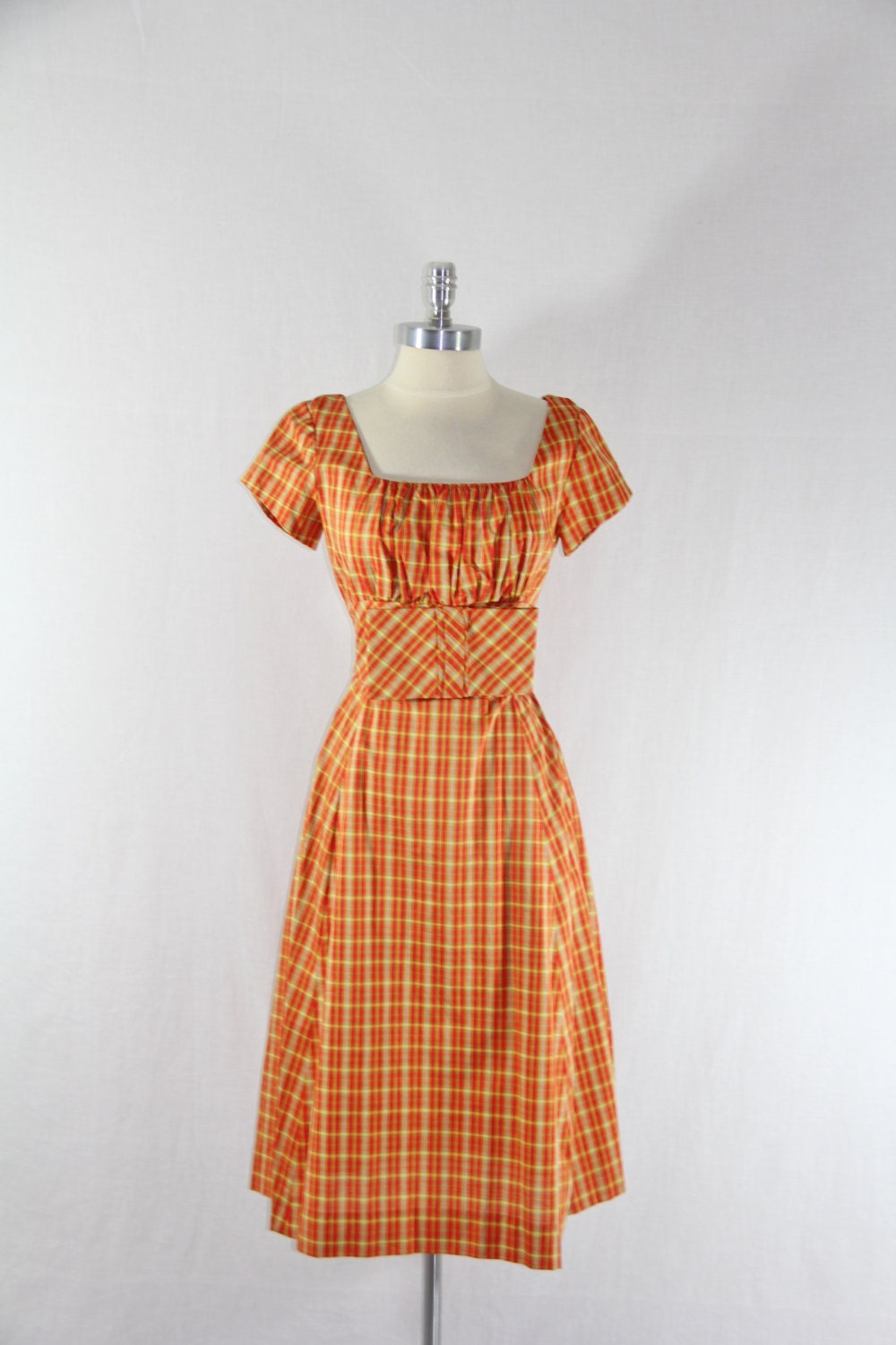 1950's Vintage Dress - Designer JONATHAN LOGAN Orange and Yellow Plaid Full Skirt Huge Bow Party Frock