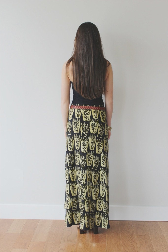 Hand Printed 'Tiger Paw' Maxi Skirt in Gold on Black