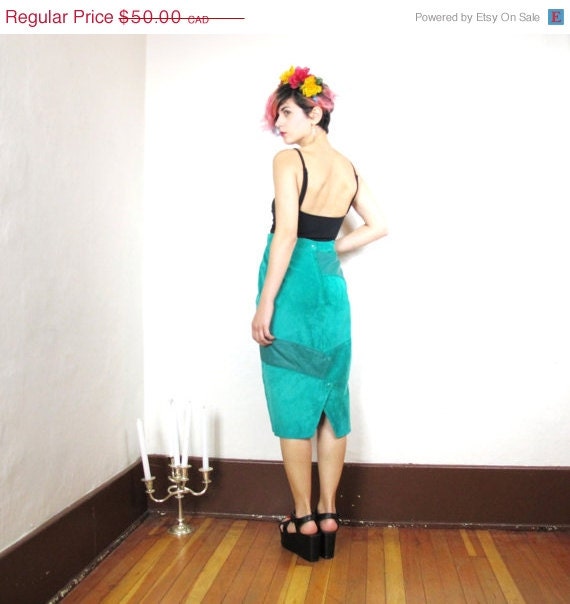 20% OFF VACATION SALE 80s New Wave Teal Suede and Leather Asymmetrical Skirt (L)