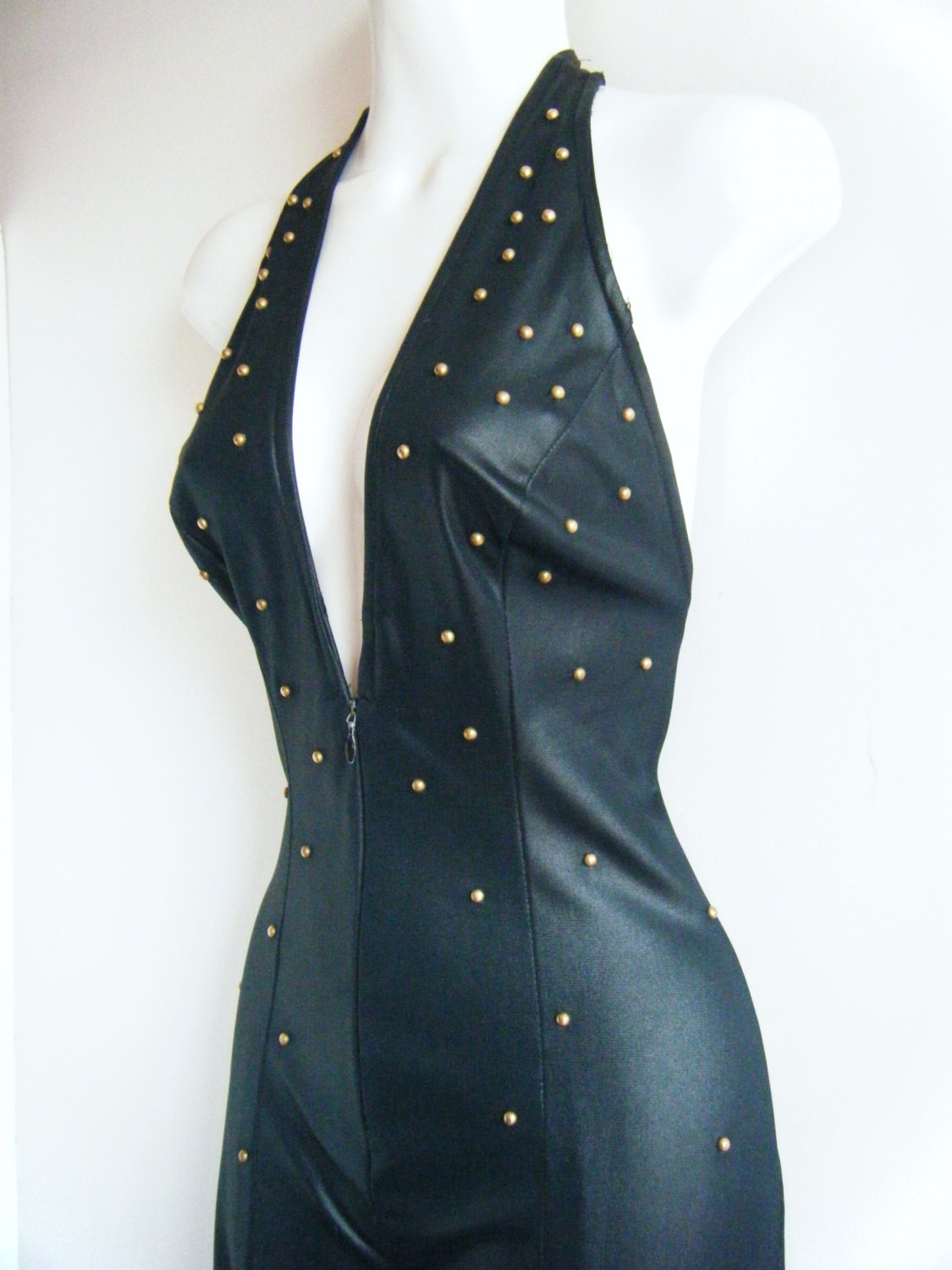 sick 70s Suzi Quatro jumpsuit / leather look with copper studs zip front glam bell bottoms, size m - l