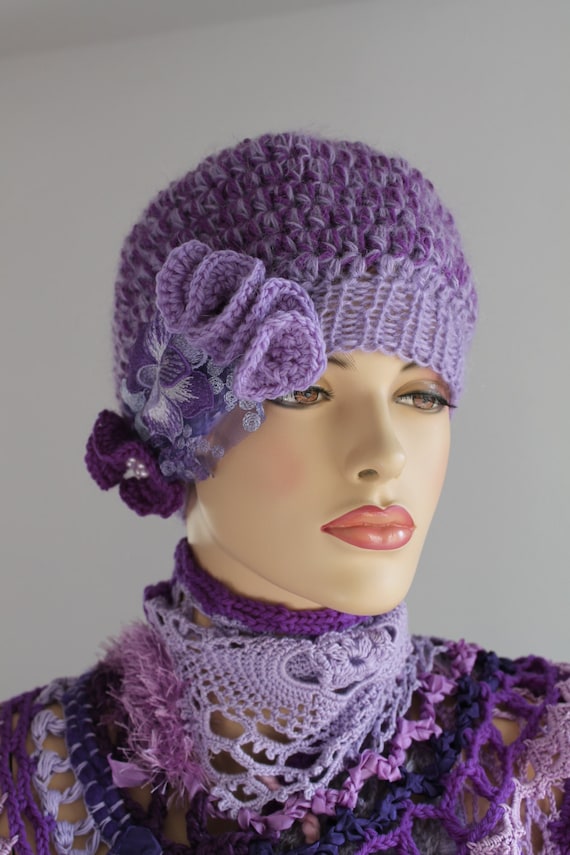 Chunky Crocheted hat  in shades of lilac  - Winter Accessories -Wearable Art