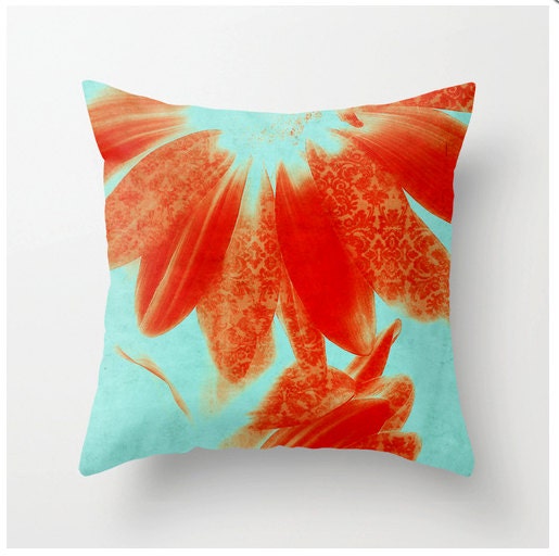 Decorative Throw Pillow 20x20 Fancy Schmancy Gerberas tangerine and turquoise artistic pillow
