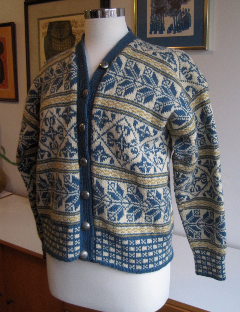 Vintage 50s Wool Cardigan Sweater Norway Ski Snowflake Design