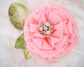 Salmon Pink chiffon carnation, green velvet leaves, vintage rhinestone center, hair clip "Blooming"