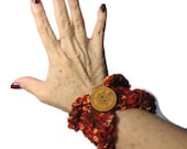 Hand Knit Cuff/Bracelet Brown Gold Orange Red