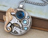 steampunk necklace - UNDER THE SEA - vintage pocket watch movement necklace with seahorse charm and aquamarine color Swarovski rhinestones