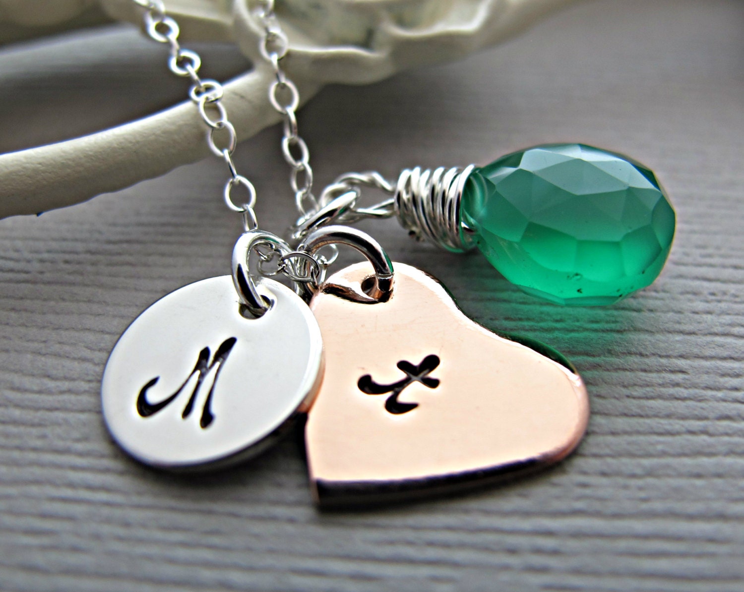 Personalized Initial Mom Necklace, Silver Baby Necklace, Emerald Green Birthstone, Hand Stamped Jewelry