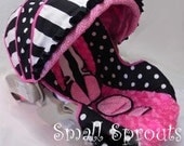 Custom Boutique Black and White Polka dot/Stripe with light Pink Minky Infant Car Seat Cover 5 Piece set