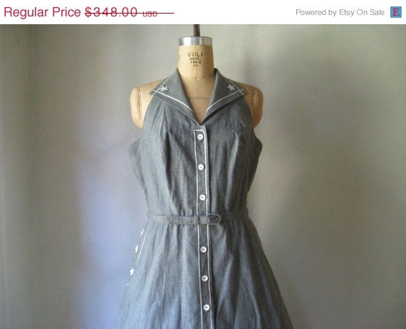 SALE // vintage 1940s to 1950s dress / rare plus size gray cotton halter sundress sailor nautical hip pockets
