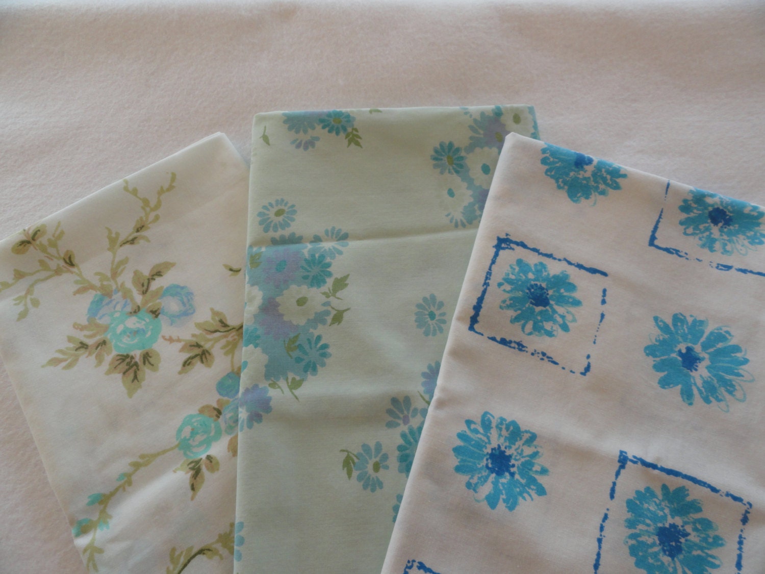 3 Vtg sheet fat quarters all floral soft blue aqua reclaimed bed linen