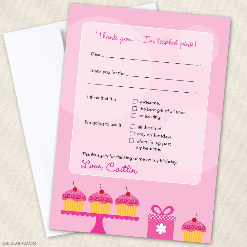 Pink cupcake party - Set of 15 custom thank you cards - Printable file also available