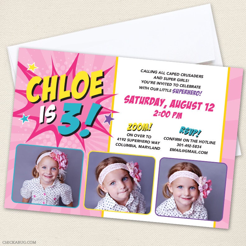 PINK Superhero party - Set of 15 custom photo invitations - Printable file also available