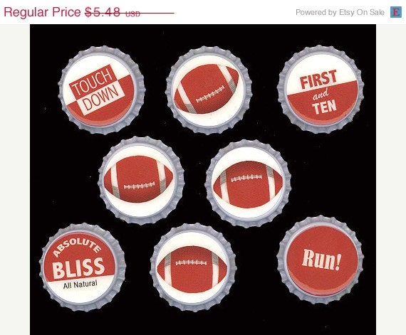 Set of 8 Decorated Sealed BOTTLE CAPS FOOTBALL Team Sports for Necklaces Pendants Charms Magnets Scrapbooking Card Making