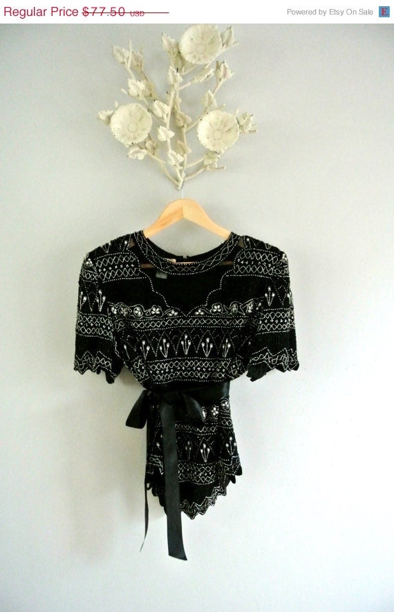 Memorial Day Sale Vintage top, Beaded Lawrence Kazar, trophy top, 80's women's clothing, dynasty, 1980's retro, shabby black, true rebel cl