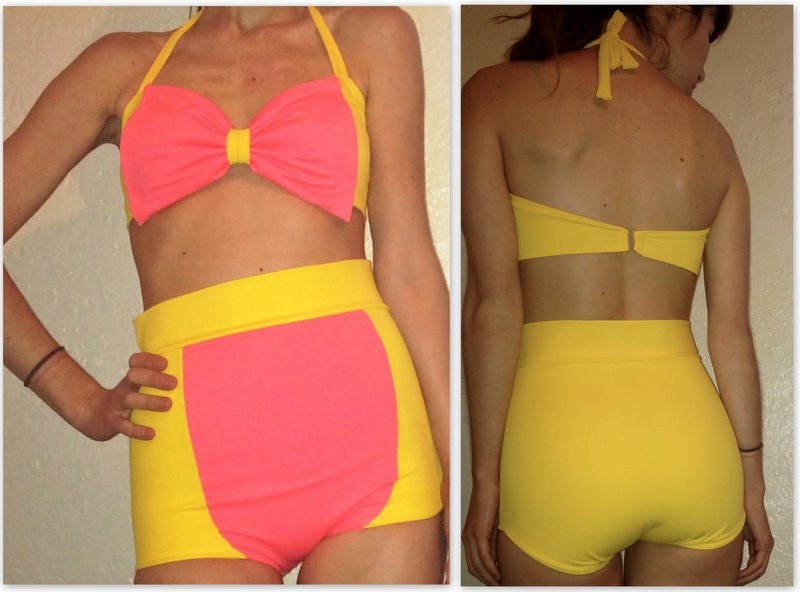 Big Bow Bikini High Waist and Halter Color Block Coral and Daffodil