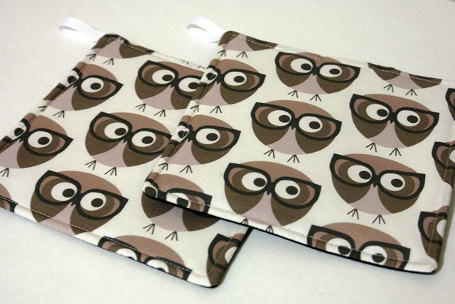 Owls with Glasses Quilted Potholder Set