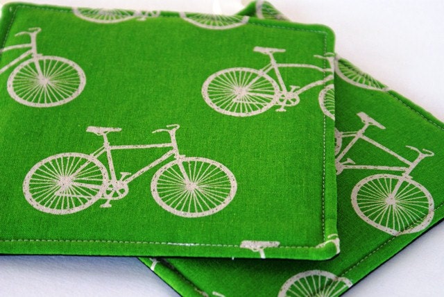 Green Bike Canvas Quilted Potholder Set