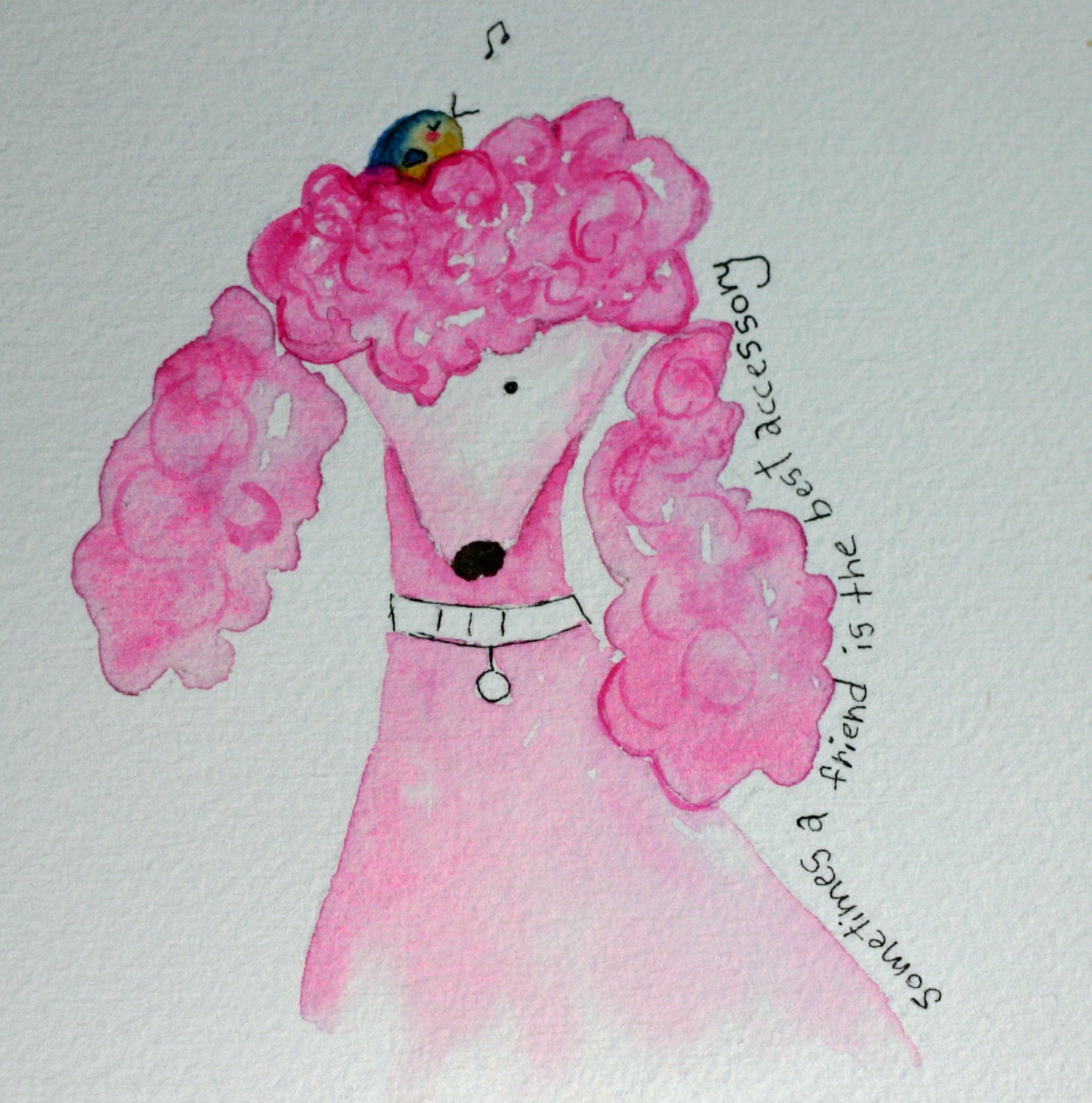 Sometimes a Friend is the best accessory - poodle and bird, bright pink, girly, dog, whimsical