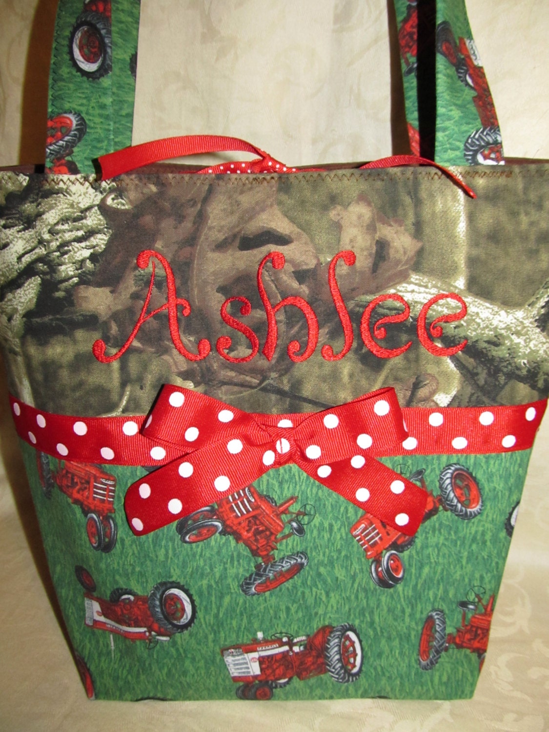 handmade custom Farmall International tractor mossy oak camo purse  you choose name font and colors
