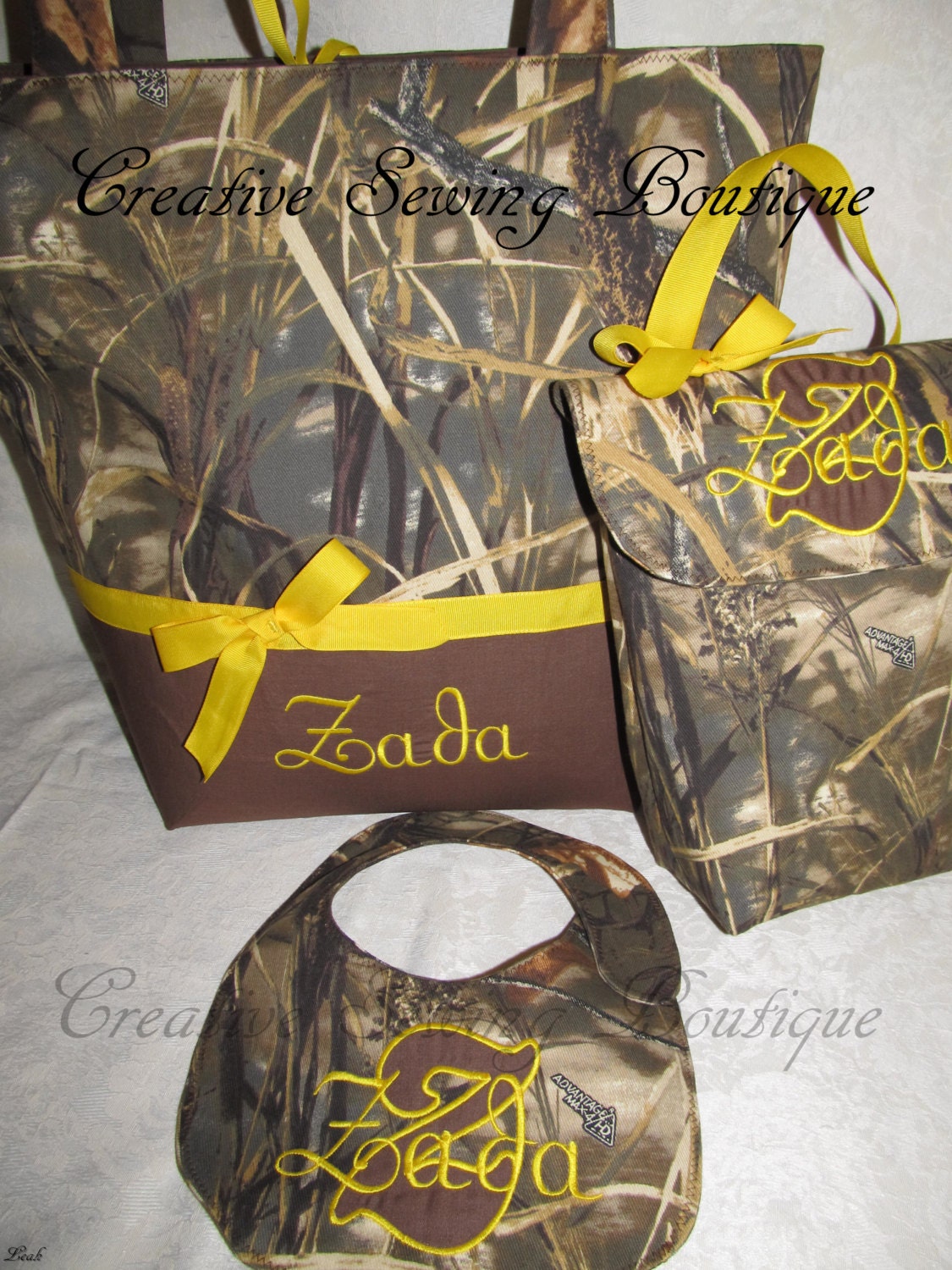 FREE SHIPPING Custom Handmade advantage max 4hd camo camoflauge yellow diaper bag set bib and soft wipes case purple you choose name