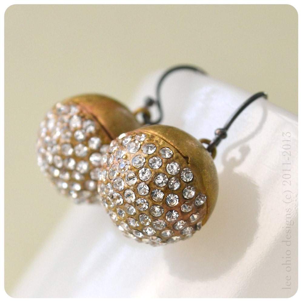 Gold rhinestone earrings, Pave glitter yellow gold, Vintage bling, Brilliant brass sparkle drops, Diamonds are Forever, Paillette