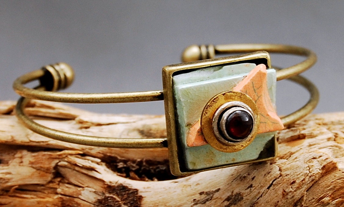 Compass Point - cuff bracelet, OOAK, wearable art, mixed media, antique bronze setting, abstract, porcelain, ceramic,bracelet, free shipping
