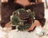 Succulent and tree cone bridal bouquet. Winter wedding, rustic, brown and green.