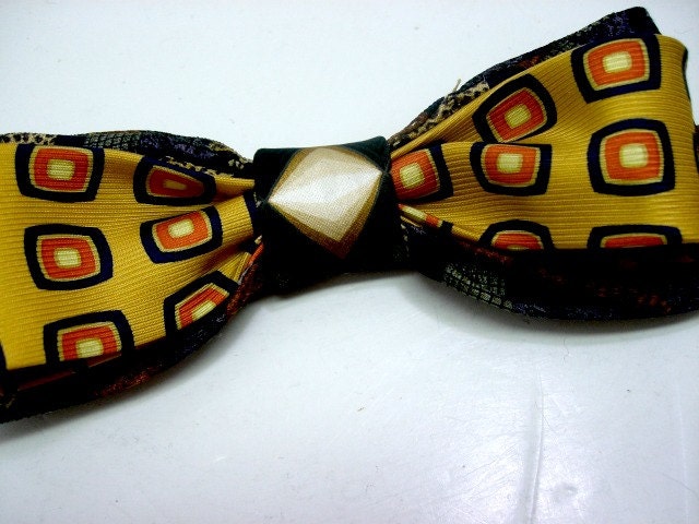 Vintage Bow Tie Mens Bow Tie, necktie recycled, Recycled menswear, mustard navy orange