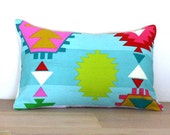 Geometric Pillow. Tribal. Neon. Cotton. Turquoise. 12 x 20. Lumbar Throw Pillow. - PinkPianos