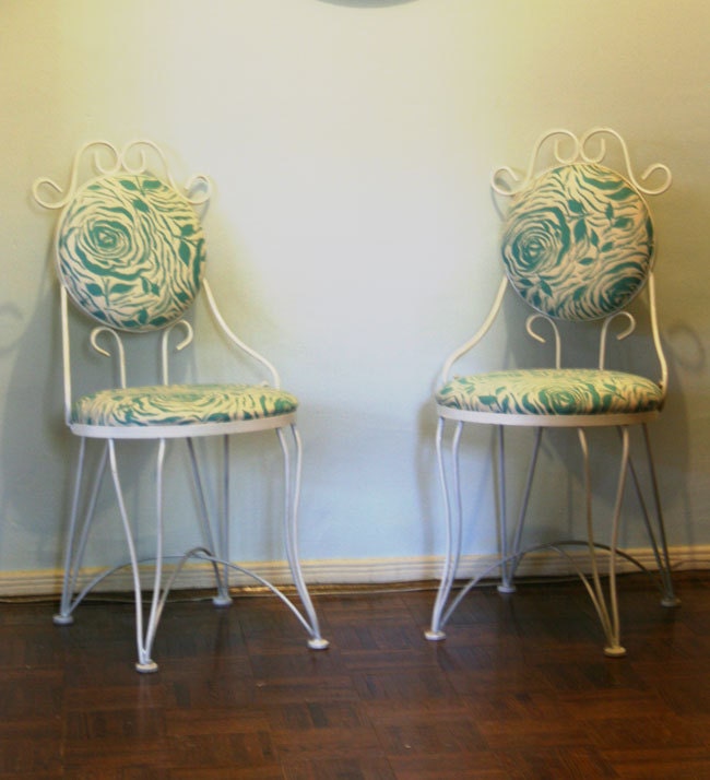 White Wrought Iron Vintage Upholstered Garden Chairs. Turquoise Fabric. Set of 2.