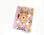 Journal ecofriendly reusable fabric covered travel notebook, pink orange, pen holder