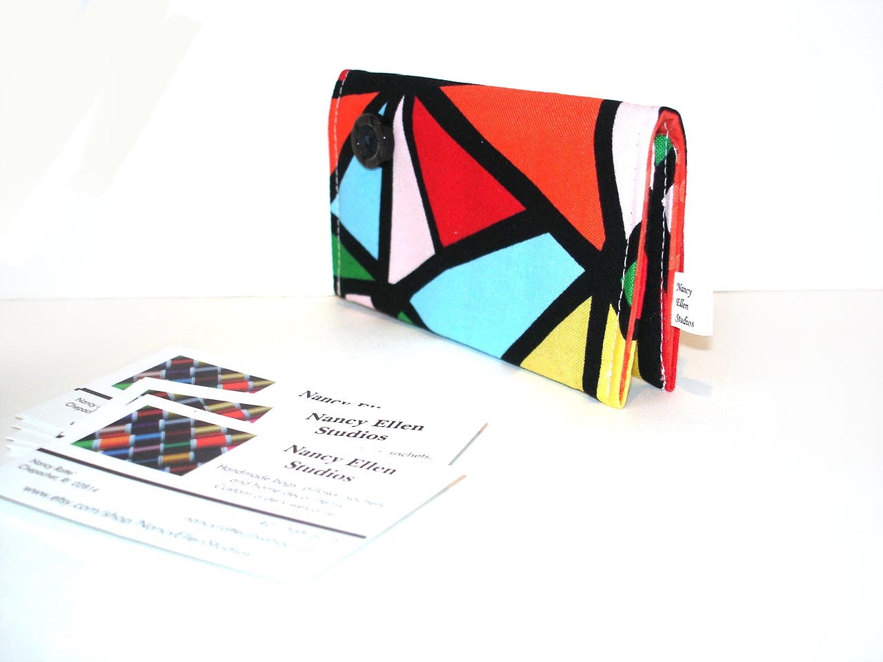 Business card case, stained glass bright bold fabric, credit card holder, 2 pockets magnetic snap closure