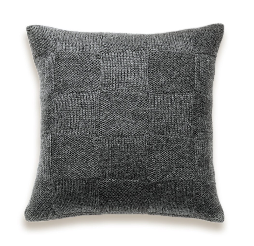 Basket Weave Knit Pillow Cover In Dark Grey 16 inch Textured Wool Hand Dyed Linen