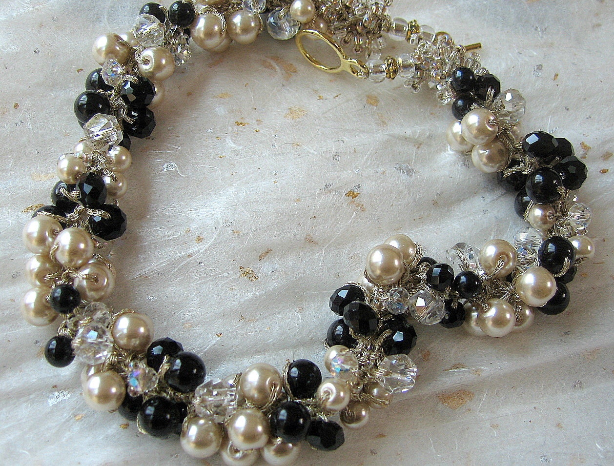 Champagne Black Pearl Crystal Wedding Necklace, Elegant Affait, Hand Knit Twist,  Original Sereba Designs