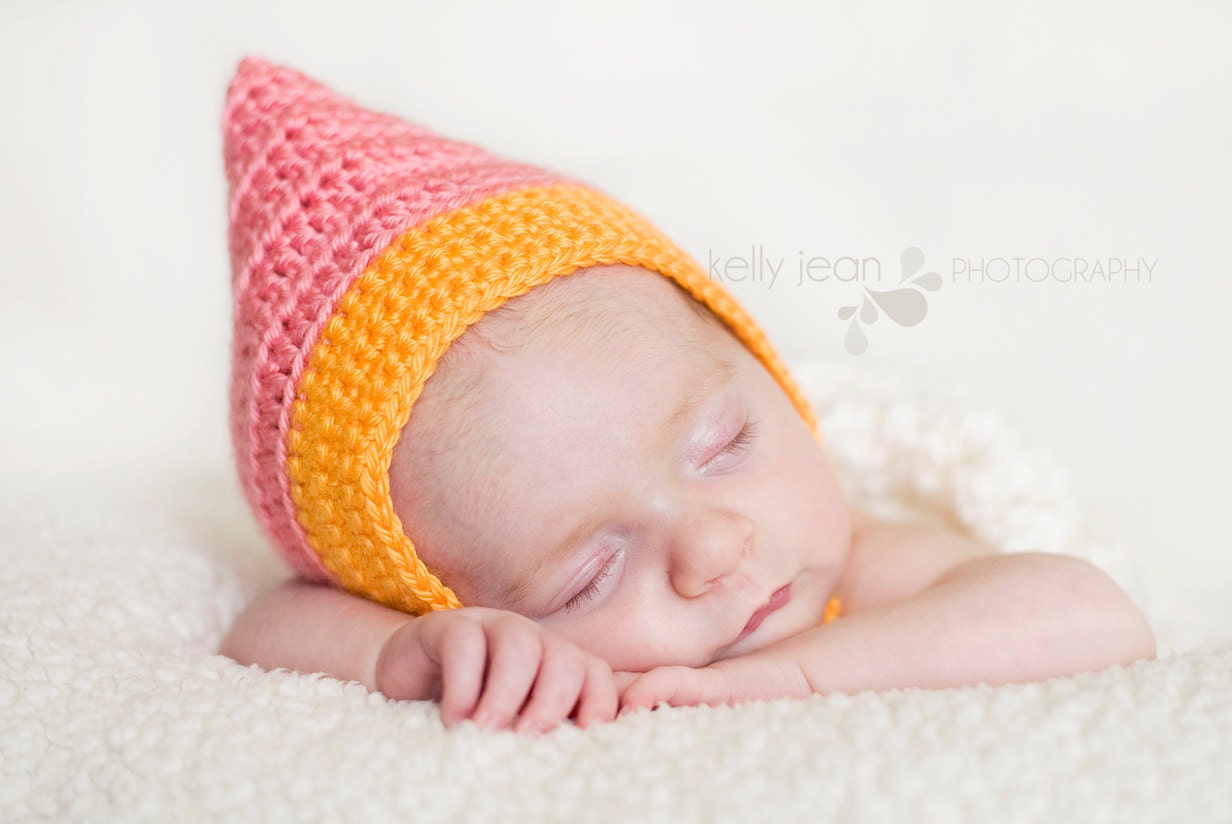 Crochet Gnome Pixie Hat with Chinstrap - BOY or GIRL - Newborn size - BRIGHT colors - Great Photo Prop