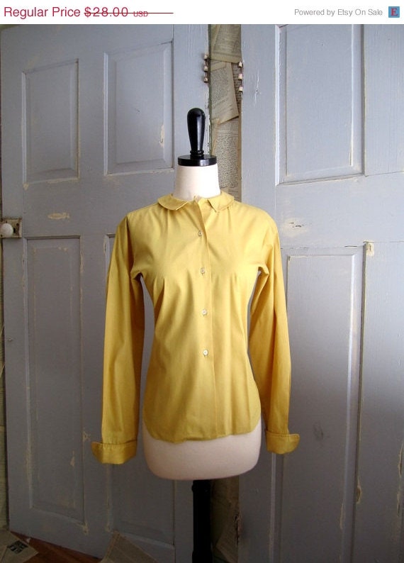 SALE Vintage 1960s Blouse, Mustard Yellow Vintage Blouse, Tailored Blouse SM