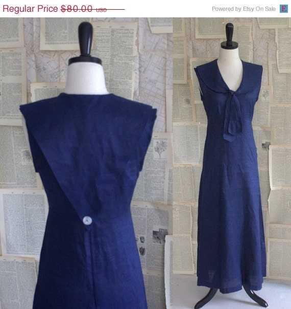 SALE Vintage Sailor Dress Navy Blue Nautical Sailor Dress Sleeveless Linen Womens Size Small Medium