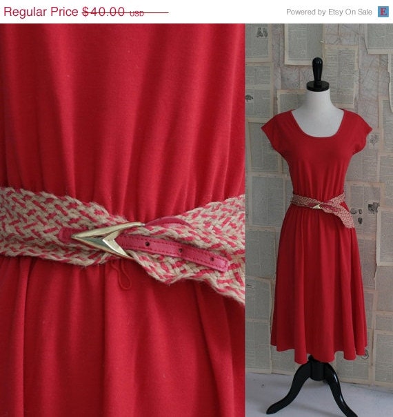 SALE Vintage Red Dress 1970s Red Dress Knit Hippie Woven Belt Womens Size Medium