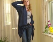 New Colour Asymmetric Cardigan Long Sleeve Boyfriend Sweater Chunky Knit Jacket Draped Hood - Midnight Blue - Ready to Ship