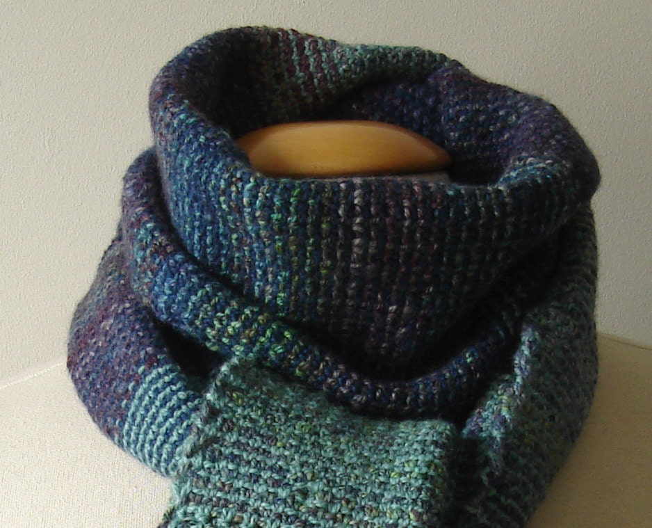 Blue green purple grey knitted scarf