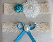 Antique ivory lace Bridal Garter, something blue  for wedding - set of two - choose your color