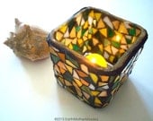 Mosaic Candle Holder: Stained Glass Mosaic, Yellow, Green, White
