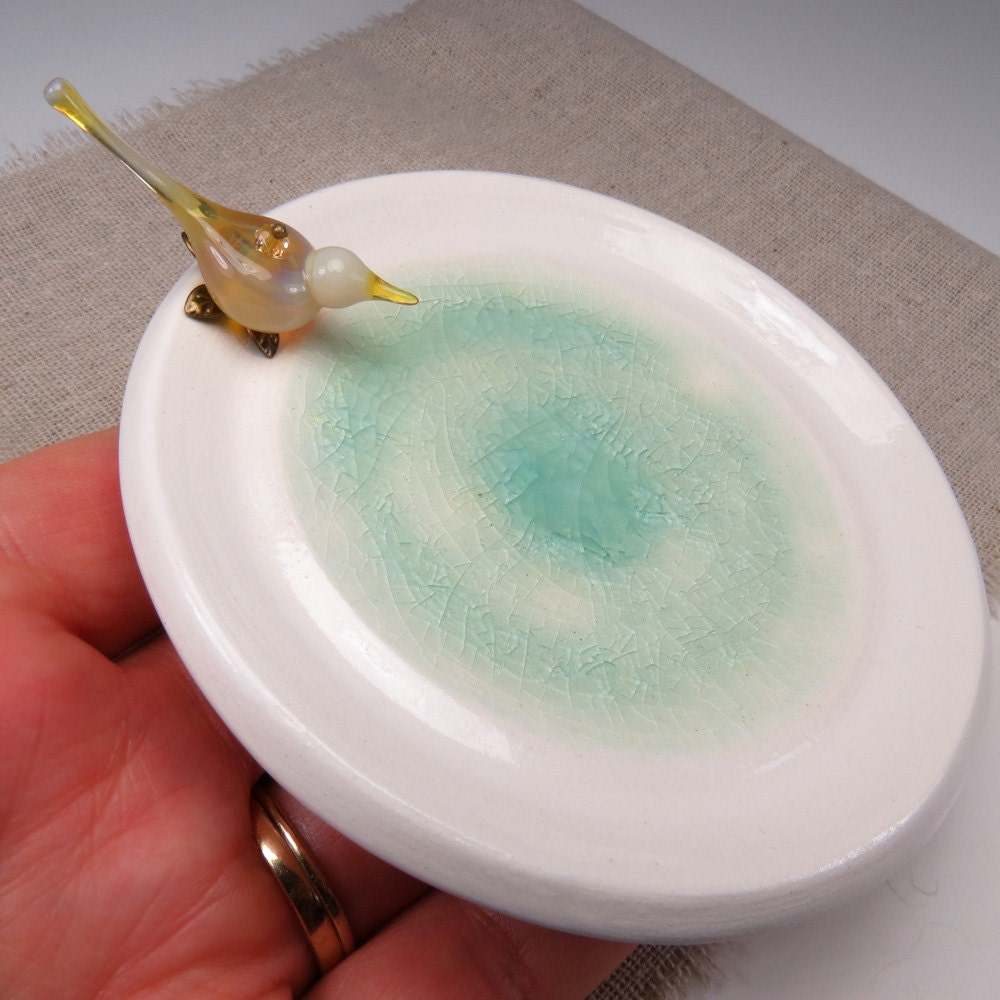 Ring holder, love bird soap dish, cottage chic trinket dish, rustic ceramic glass bird jewelry bowl
