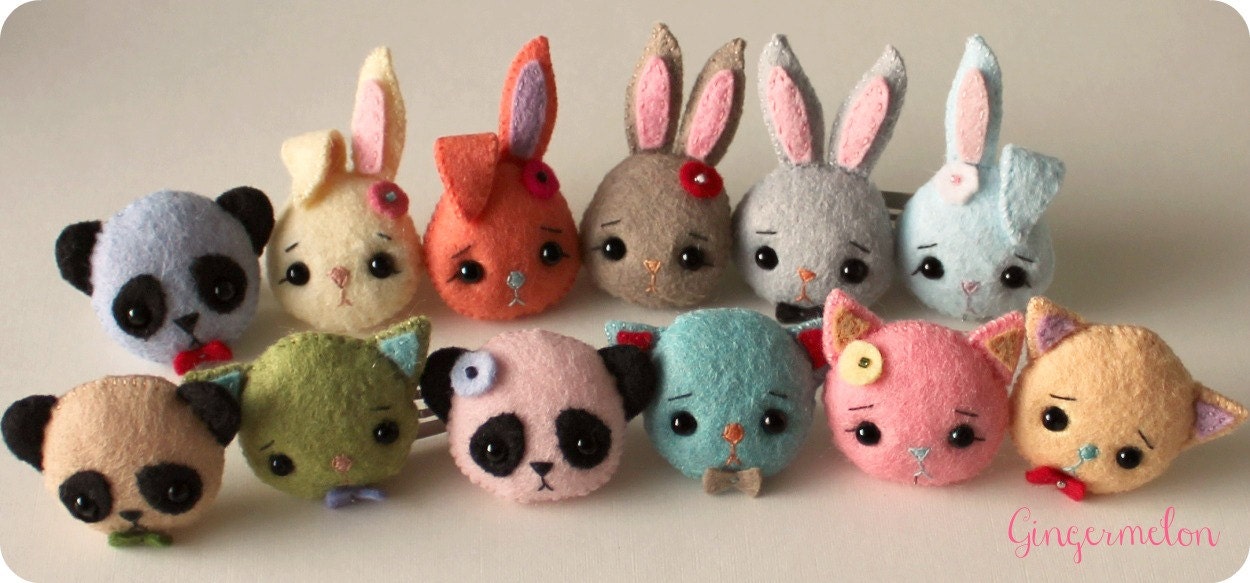 Panda, Bunny and Kitten Brooch and Barrette pdf Pattern