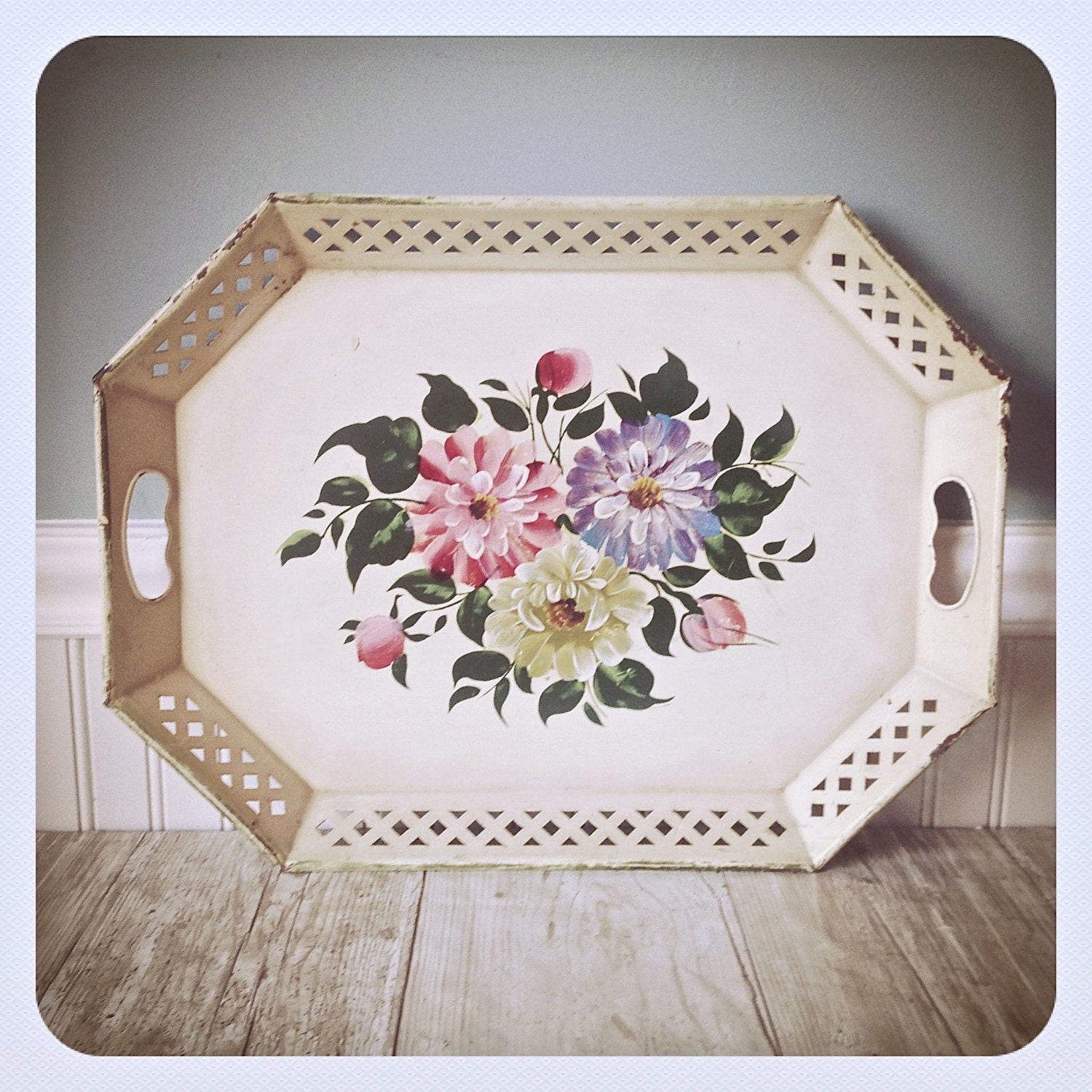 Tole Tray Hand Painted Creamy Yellow Floral