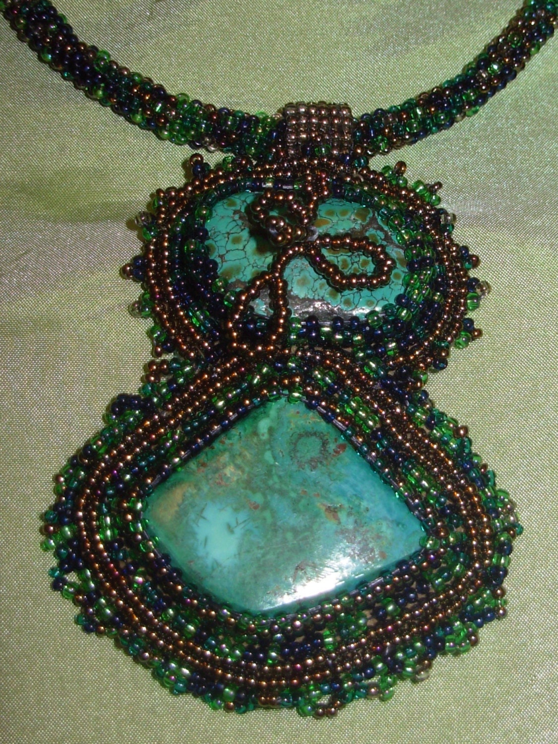 Hand Beaded Jewelry a Stunning  Large Seed Bead with Turquoise and Chrysocolla Stone Necklace