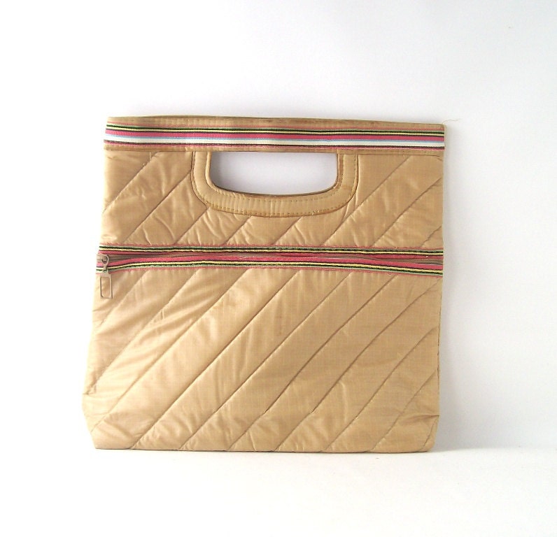 vintage retro purse padded bag tan beige gold stripes colorful poofy mid century modern handbag womens ladies astro-sac