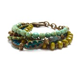 Glass Boho Bracelet, Multi Strand Picasso Glass, Turquoise, Green, Heishi, Funky Statement Bracelet